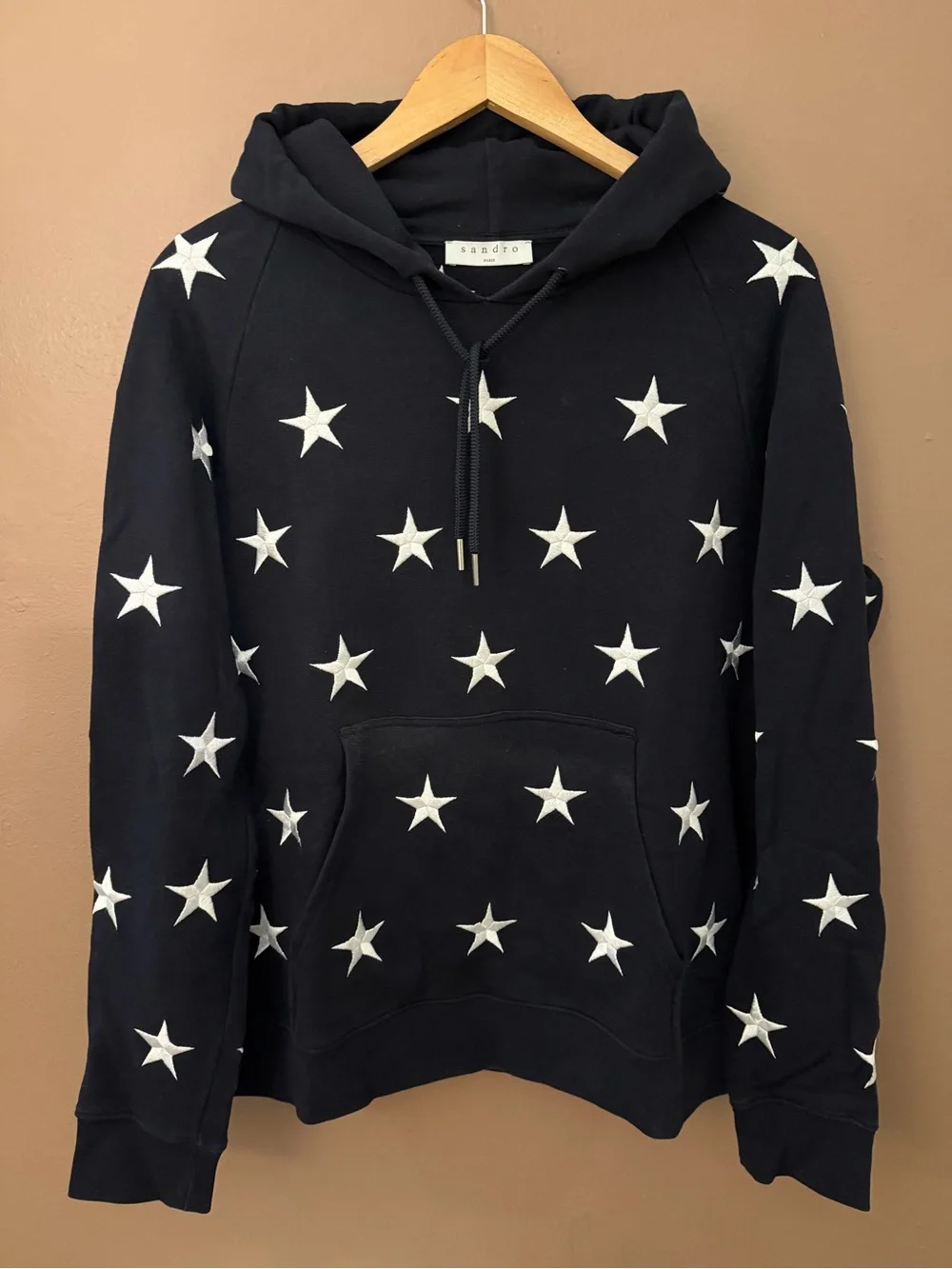 Sandro Paris Navy/White embroidery star Cotton Pullover Hoodie L front pockets